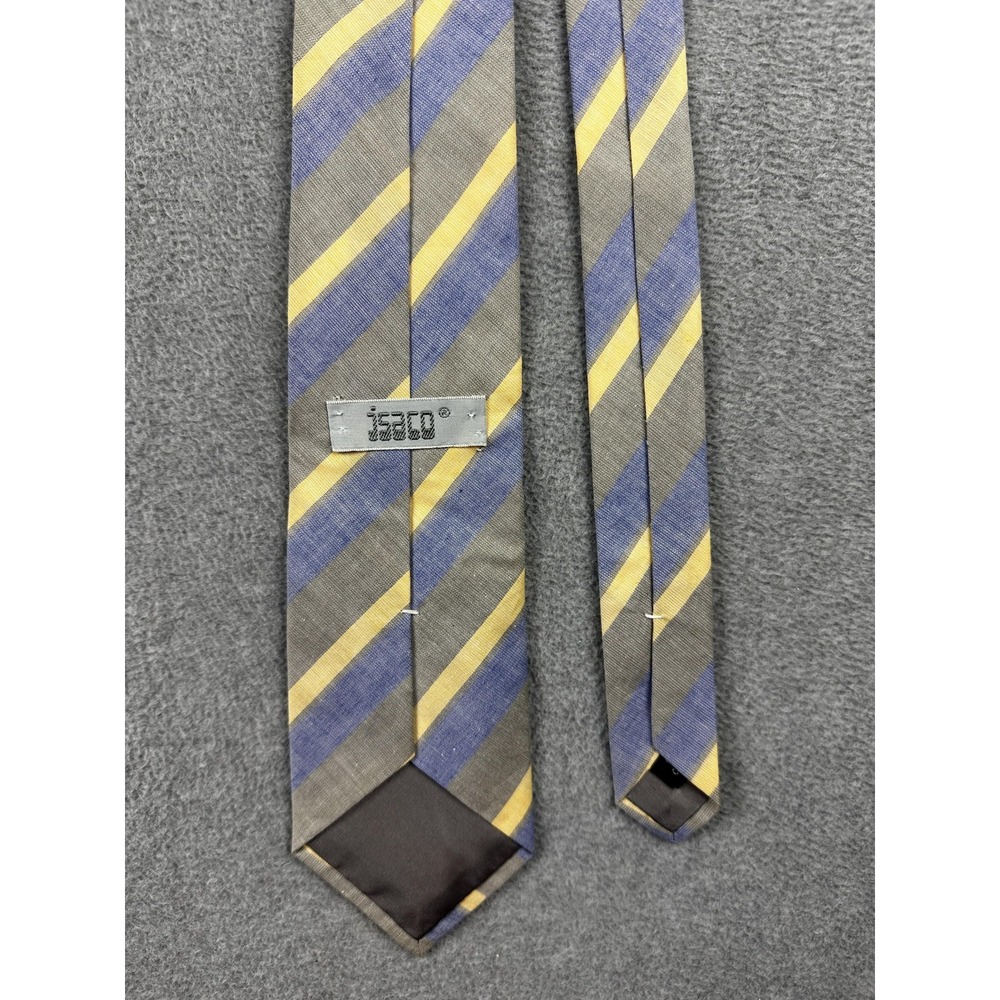 Isaco Tie Mens One Size Gray Blue Yellow Striped 100% Cotton Necktie Casual